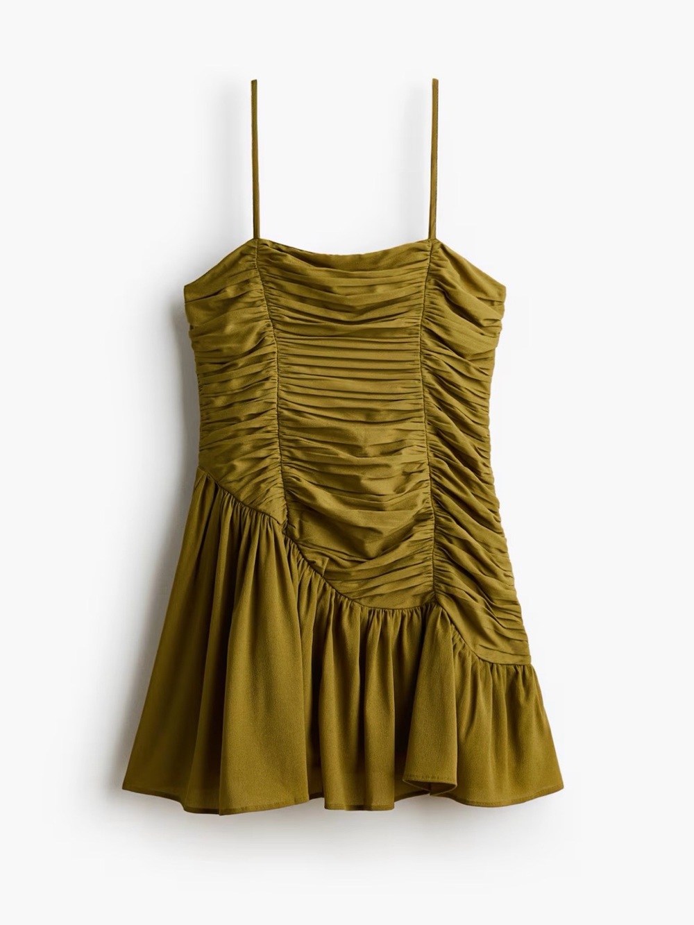 H&M PETITE Olive Ruched Spaghetti Strap Mini Dress
